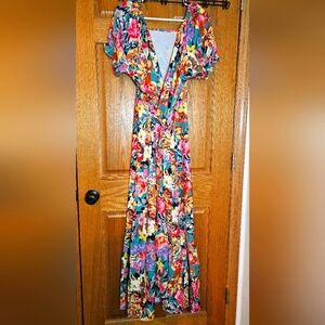 NWT Gilipur Floral Cross Wrap Deep V Floral Swim Cover UP Maxi Dress Sz.